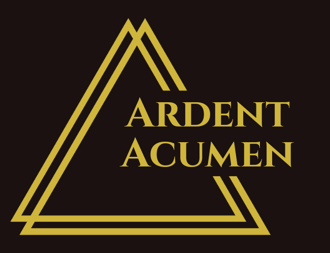 the Ardent Acumen logo; double triangles with the text 'Ardent Acumen' and a brush stroke